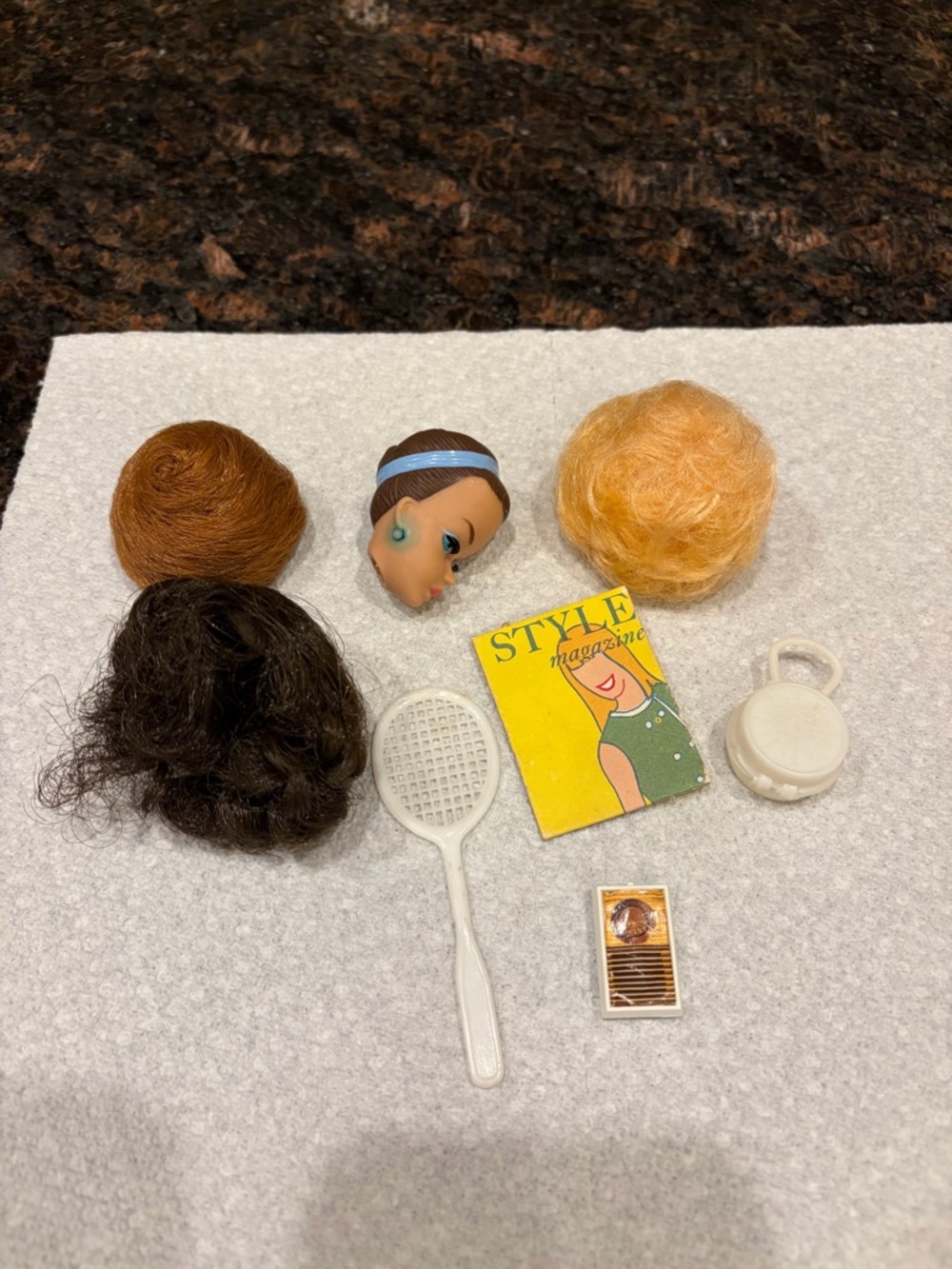Vintage Fashion Queen Head with 3 Wigs, Misc Vintage Ken Clothing, and more.